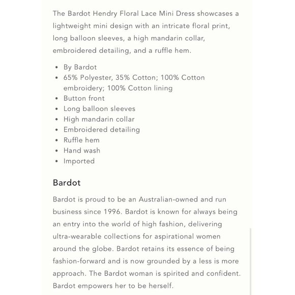 NWT Size 4 - Bardot Hendry Long-Sleeve Floral Lace Mini Dress ( NWT US$  199) - Picture 5 of 12